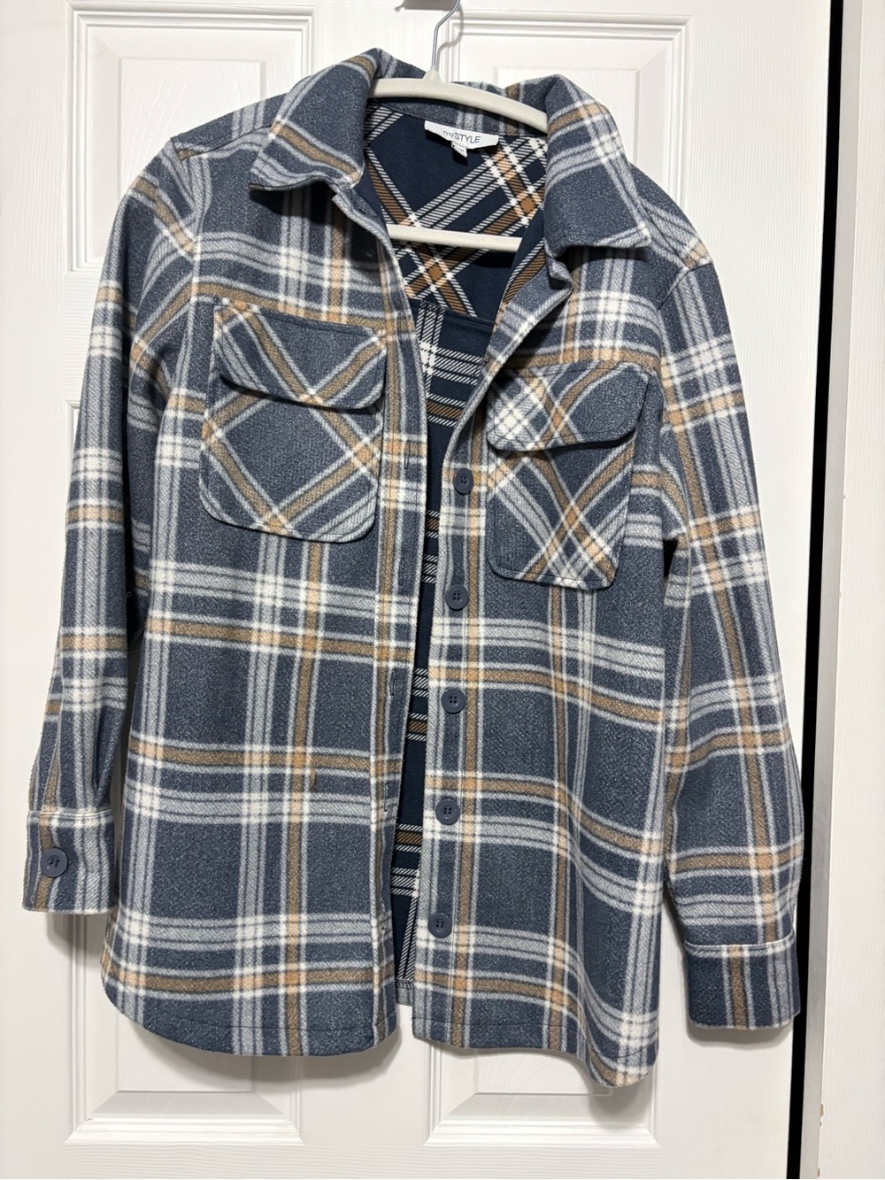 Plaid Button-Front Shacket in Slate Blue and Tan